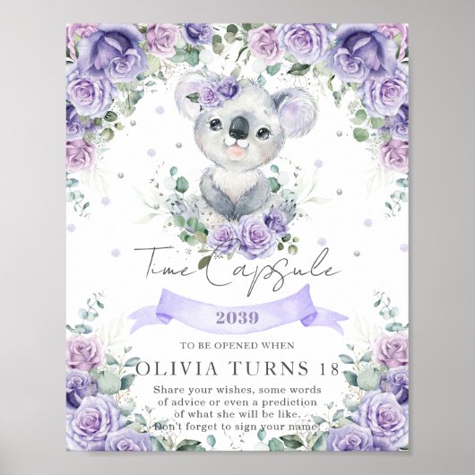 Paarse Floral Koala 1e verjaardag van de onderbrek Poster (Voorkant)