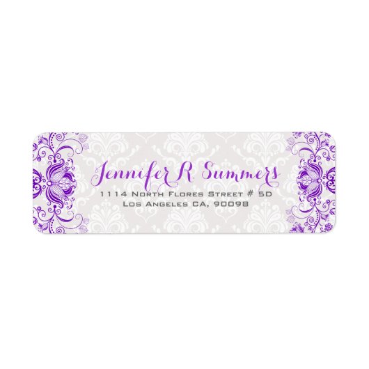 Paarse Floral Lace White Dammaskers Etiket (Voorkant)