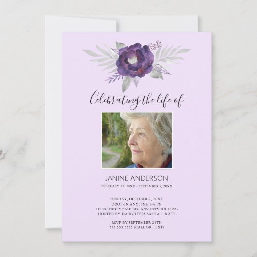 Paarse Floral Life Celebratie foto Uitnodiging (Voorkant)