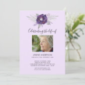 Paarse Floral Life Celebratie foto Uitnodiging (Staand voorkant)