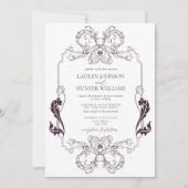 Paarse Floral Line Art Monogram Weddenschap Kaart (Voorkant)