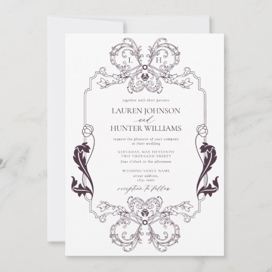 Paarse Floral Line Art Monogram Weddenschap Kaart (Voorkant)