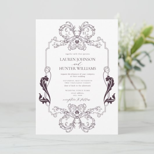  Paarse Floral Line Art Monogram Weddenschap Kaart (Staand voorkant)