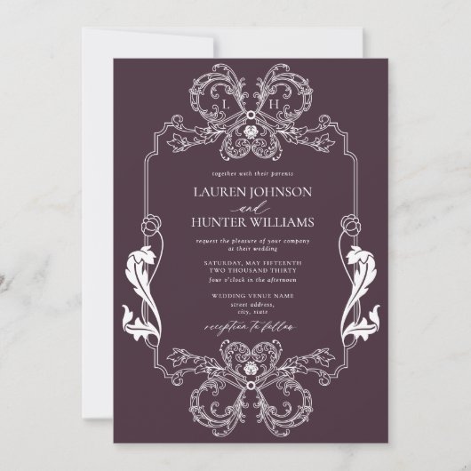 Paarse Floral Line Art Monogram Weddenschap Kaart (Voorkant)