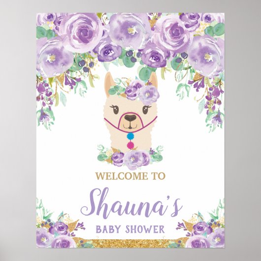 Paarse Floral Llama Baby shower Girl Welkomstteken Poster (Voorkant)