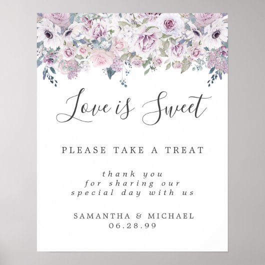 Paarse Floral Love is Sweet Dessert Bar Sign Poster (Voorkant)