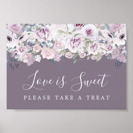 Paarse Floral Love is Sweet Dessert Bar Sign Poster (Voorkant)