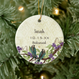 Paarse Floral  Lovebird Moeder van de Bride Keramisch Ornament