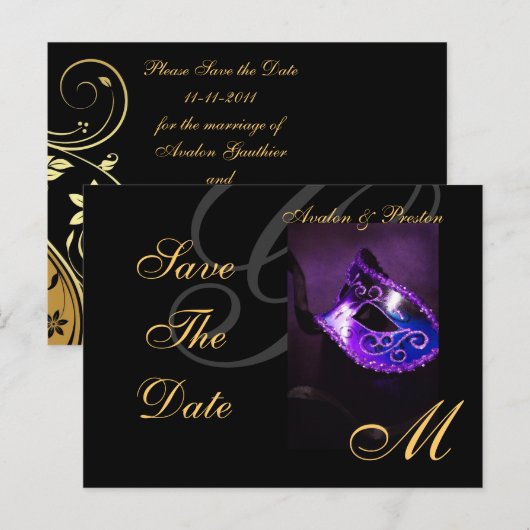 Paarse Floral Masquerde Save the Date Briefkaart (Voorkant / Achterkant)