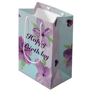 Paarse Floral Middelgrote Gift-Bag met Blauw Medium Cadeauzakje