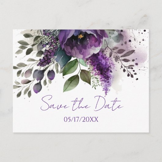 Paarse Floral Modern Botanische Boho sparen de dat Briefkaart (Voorkant)