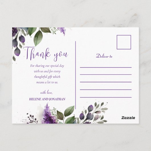 Paarse Floral Modern Elegant Weddenschap Hartelijk Briefkaart (Achterkant)