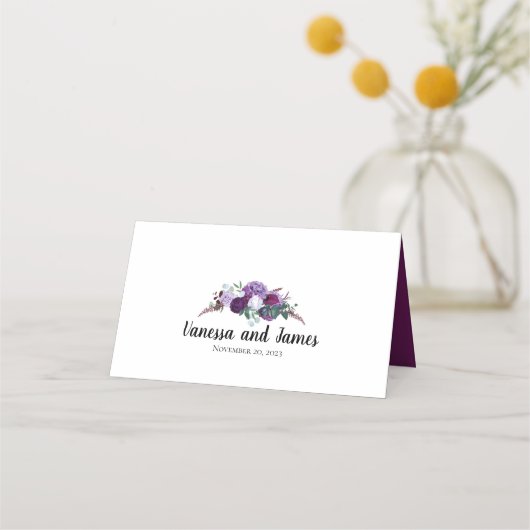 Paarse Floral Modern Elegant Wedding Plaatskaartje (Achterkant)