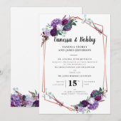 Paarse Floral Modern Geometric Wedding Kaart (Voorkant / Achterkant)