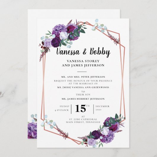 Paarse Floral Modern Geometric Wedding Kaart (Voorkant / Achterkant)
