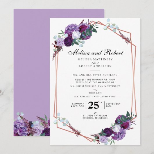 Paarse Floral Modern Geometrisch Bruiloft Kaart (Voorkant / Achterkant)