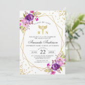 Paarse Floral Modern Nursing School Afstuderen Kaart (Staand voorkant)