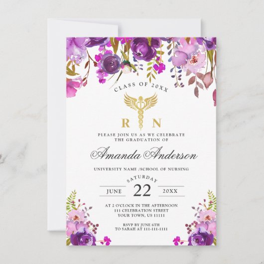 Paarse Floral Modern Nursing School Afstuderen Kaart (Voorkant)