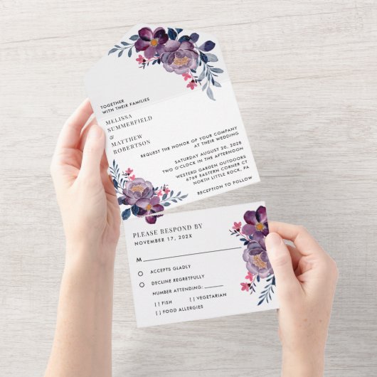 Paarse Floral Modern Wedding All In One Uitnodiging (Afscheurbaar)