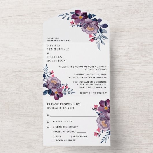 Paarse Floral Modern Wedding All In One Uitnodiging (Binnen)