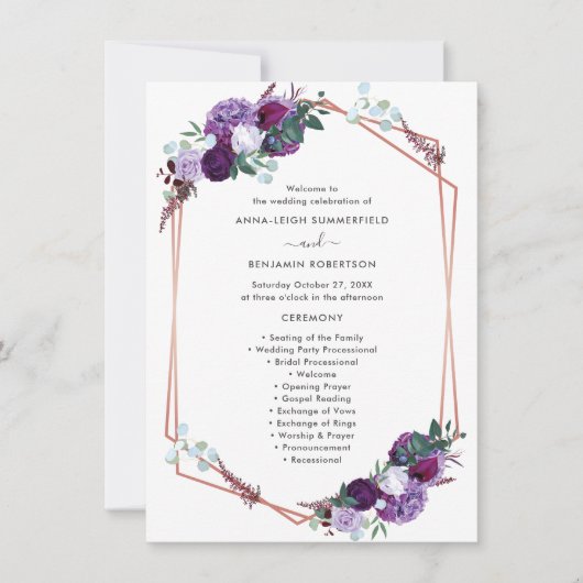 Paarse Floral Modern Wedding Programme (Voorkant)