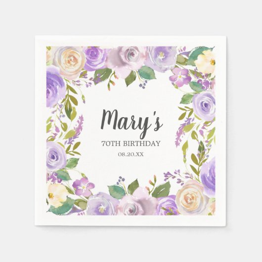 Paarse Floral Monogram 70e verjaardag Servet (Voorkant)