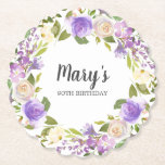 Paarse Floral Monogram 90th Birthday Kartonnen Onderzetters<br><div class="desc">Prachtige papieren onderzetter voor je 100e verjaardag feest. Paarse en witte rozen creëer een mooi floraal lijst. De naam van de verjaardagsfeestdag, de 90ste verjaardag en de datum staan in het centrum. Dit artikel maakt deel uit van het Paars van de Roeustische Floral van de 90e verjaardag van het collectie...</div>