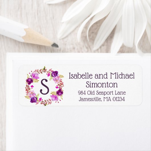 Paarse Floral Monogram retouradreslabels Etiket (Insitu)