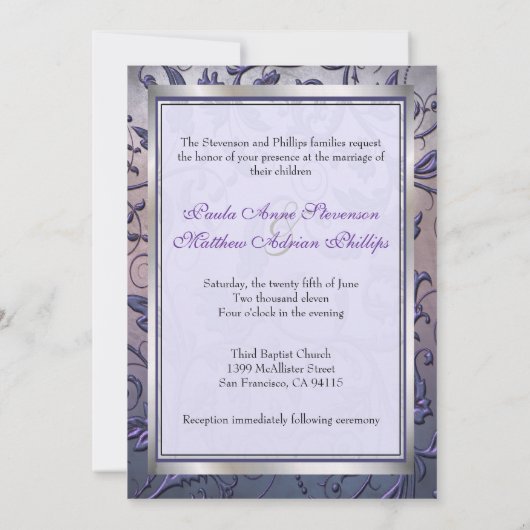 Paarse Floral Monogram Weddenschap Uitnodigt volle Kaart (Achterkant)