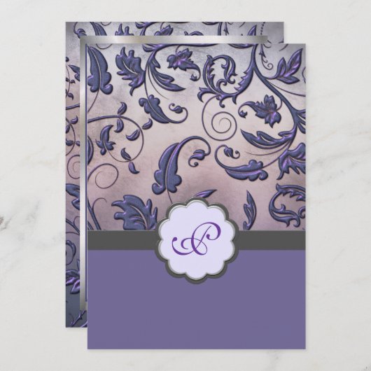 Paarse Floral Monogram Weddenschap Uitnodigt volle Kaart (Voorkant / Achterkant)