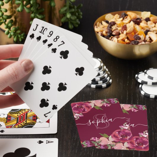 Paarse Floral Monogramed Script Name Pokerkaarten (Insitu)