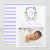 Paarse Floral Monogrammed Crest Birth Announement Aankondiging (Voorkant / Achterkant)