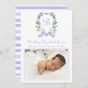 Paarse Floral Monogrammed Crest Birth Announement Aankondiging