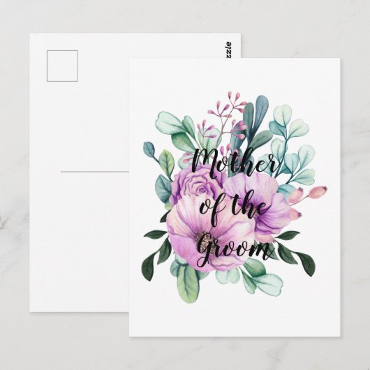 Paarse Floral MOTHER of the GROOM Wedding Bridal Briefkaart (Voorkant / Achterkant)
