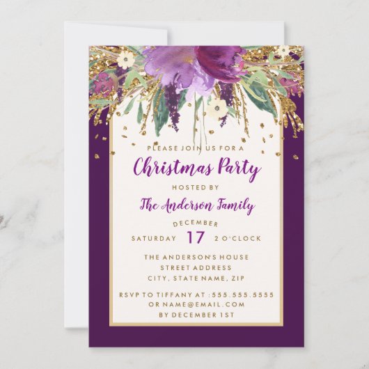 Paarse Floral mousserend Amethyst kerstfeest Kaart (Voorkant)