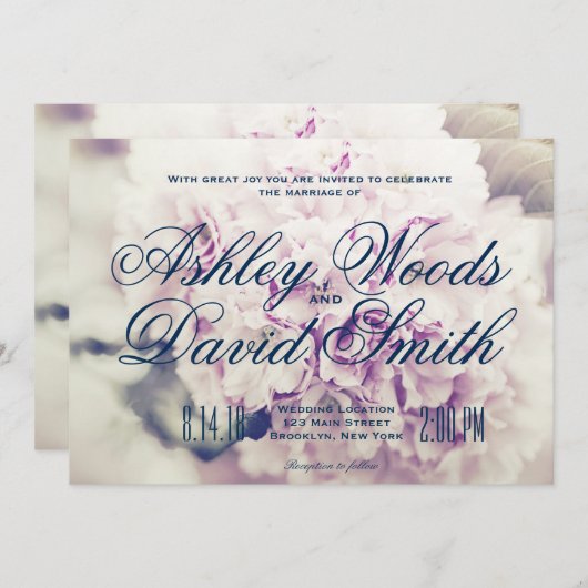 Paarse Floral Navy Script Weddenschap Kaart (Voorkant / Achterkant)