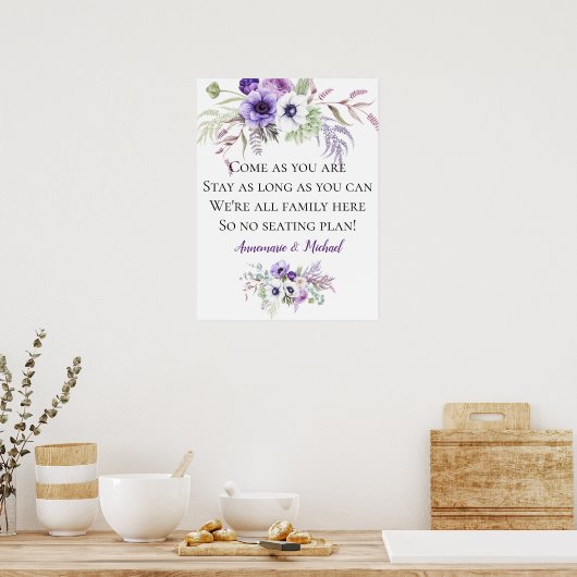 Paarse Floral No Seating Plan Weddenschap Poster (Keuken)