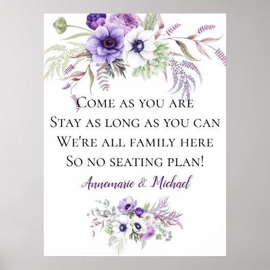 Paarse Floral No Seating Plan Weddenschap Poster (Voorkant)