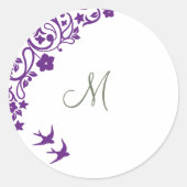 Paarse Floral Olive Green Initiaal Monogram Ronde Sticker (Voorkant)