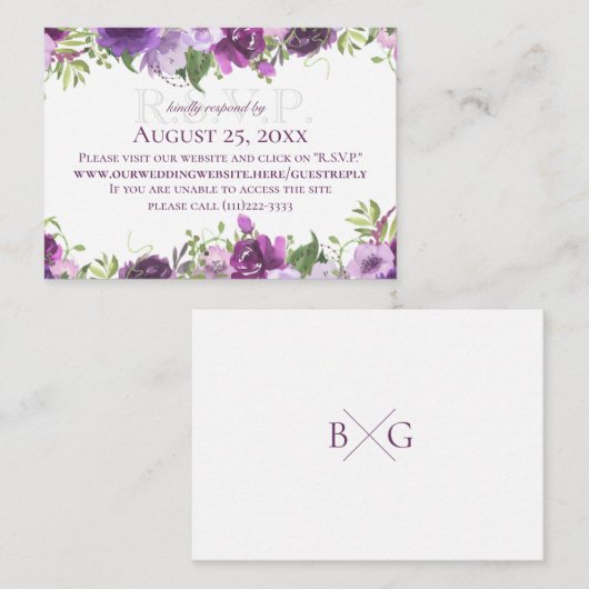 Paarse Floral online reactiekaart Informatiekaartje (Voorkant / Achterkant)