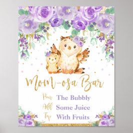 Paarse Floral Owl Baby shower Momosa Bar Sign Poster