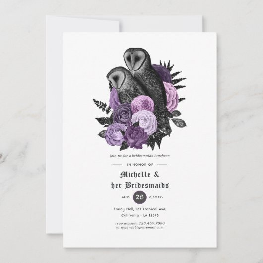 Paarse Floral Owls Gothic Bridesmaids Luncheon Kaart (Voorkant)