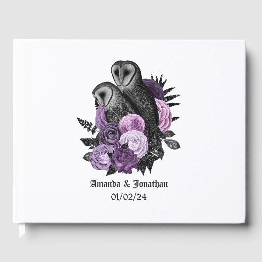 Paarse Floral Owls Gothic Wedding Gastenboek (Voorkant)