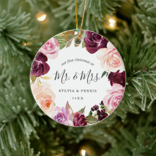 Paarse Floral Pas getrouwd Foto Elegant Kerstmis Keramisch Ornament