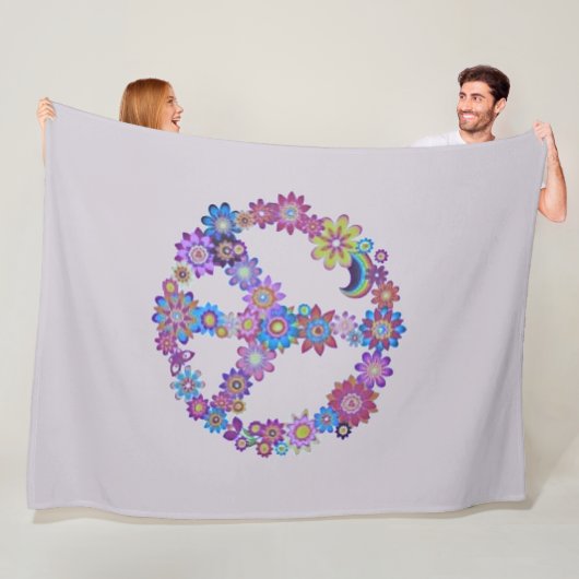 Paarse Floral Peace Sign Fleece Blanket Deken (In situ)