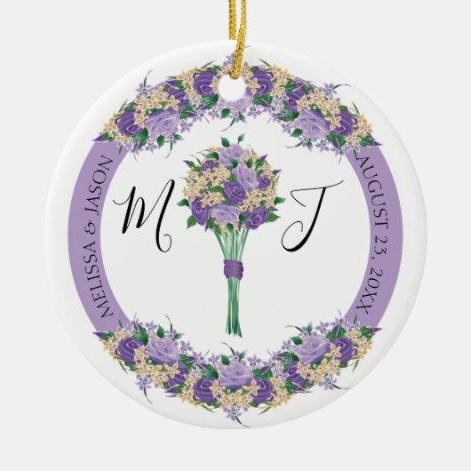 Paarse Floral Photo Wedding Save the Date Monogram Keramisch Ornament (Voorkant)