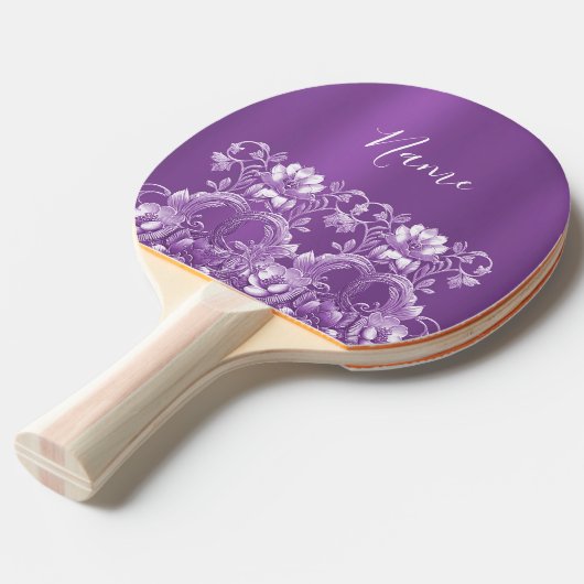 Paarse Floral Ping Pong Paddle Tafeltennisbatje (Voorkant Gekanteld)
