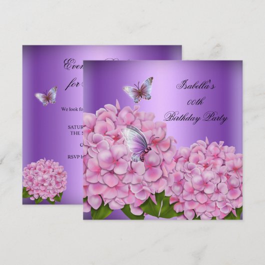 Paarse Floral Pink Butterfly Birthday Party Kaart (Voorkant / Achterkant)