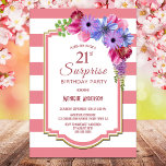 Paarse Floral Pink Stripe Surprise 21st Birthday Kaart<br><div class="desc">Roze gestripte bloemige verrassing 21ste uitnodiging van het verjaardagsfeest.</div>