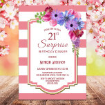 Paarse Floral Pink Striped Surprise 21st Birthday Kaart<br><div class="desc">Roze gestreept bloemetjesverrassing 21ste uitnodiging voor een verjaardagsfeest.</div>